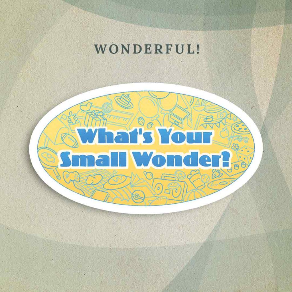 Wonderful!: A yellow oval sticker with blue line drawings of a few dozen small objects, including a video game controller, a frying pan with an egg in it, a slice of cake, strawberries, pizza, glasses, and a boombox, among others. Over the illustration, “What’s Your Small Wonder?” is written in blue text with a white border.