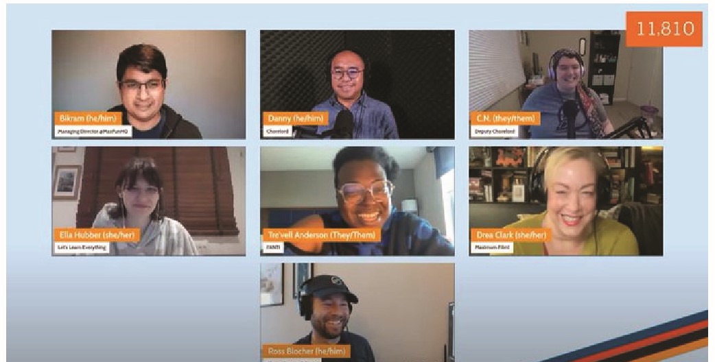 A screenshot from Chorelord. A light blue background with 7 rectangles featuring Bikram Chatterji, Danny Baruela, C.N. Josephs, Ella Hubber, Tre'vell Anderson, Drea Clark, and Ross Blocher. All are laughing or smiling.
