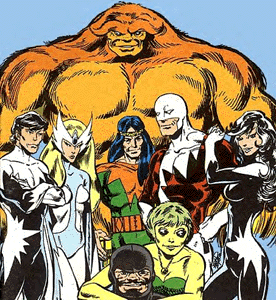 A panel showing Marvel's Alpha Flight superhero team. In the back row is Sasquatch. In the middle row are Northstar, Snowbird, Shaman, Guardian and Aurora. In the front row are Puck and Marrina.