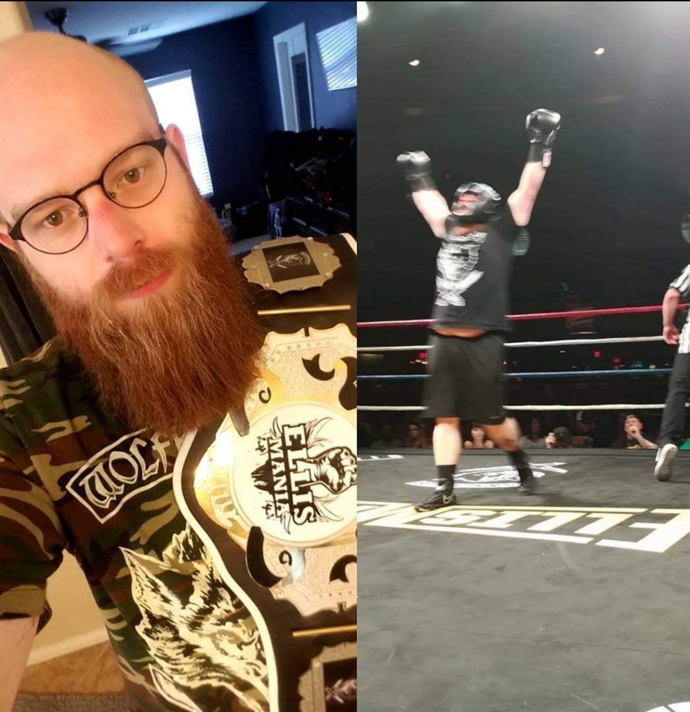 A split screen of a bearded man with a boxing belt on the left. On the right is the same man in a boxing ring with arms raised in the air