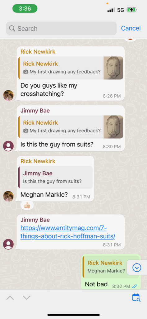 Screenshot of a Whatsapp group chat where Rick asks if they like his crosshatching