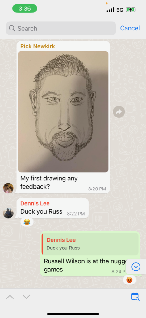 A Whatsapp screenshot showing a photo of a drawing of a man's face and texts asking the group what they think