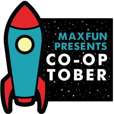 Co-optober logo. A blue and red rocket standing up aside a black starry field with the text MaxFun Presents Co-Optober