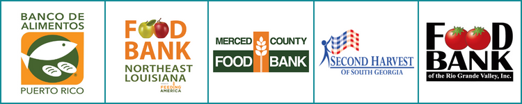 Logos for five food banks: Banco de Alimentos Puerto Rico, Food Bank of Northeast Louisiana, Merced County Food Bank, Second Harvest of South Georgia, and Food Bank of Rio Grande Valley