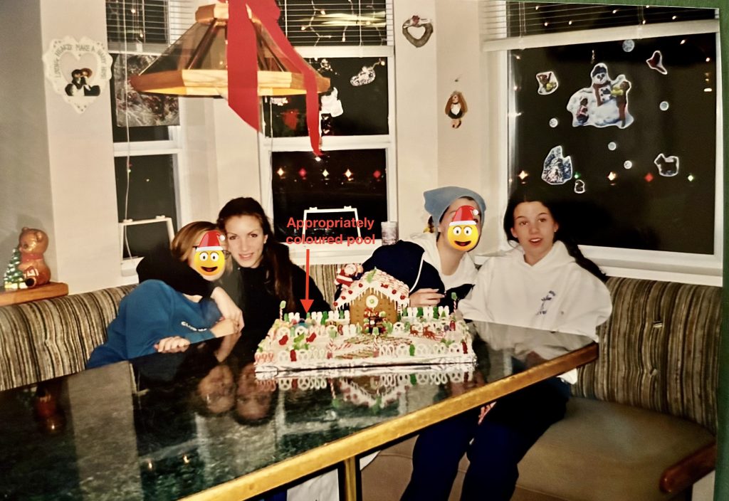 An old photo of 4 high school kids, two of which have emojis over their faces. They are sitting around a decorated gingerbread house.