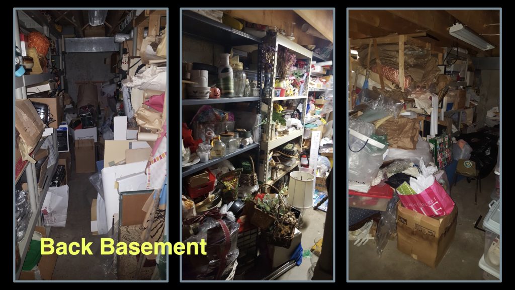 three angles of a cluttered basement