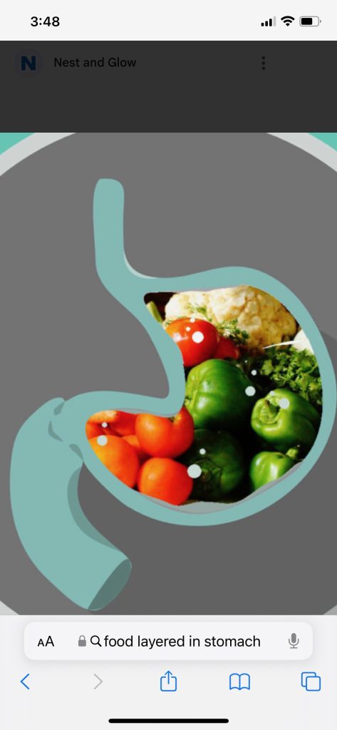 an illustration of a stomach with stock footage of vegetables inside it