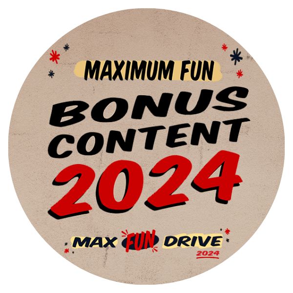 A graphic advertising one of the gifts given to new and upgrading members during Max Fun Drive 2024. It displays 40 pins. one for each show that is active on the network. For descriptions of each pin, please visit maximumfun.org/mfd2024stickers.