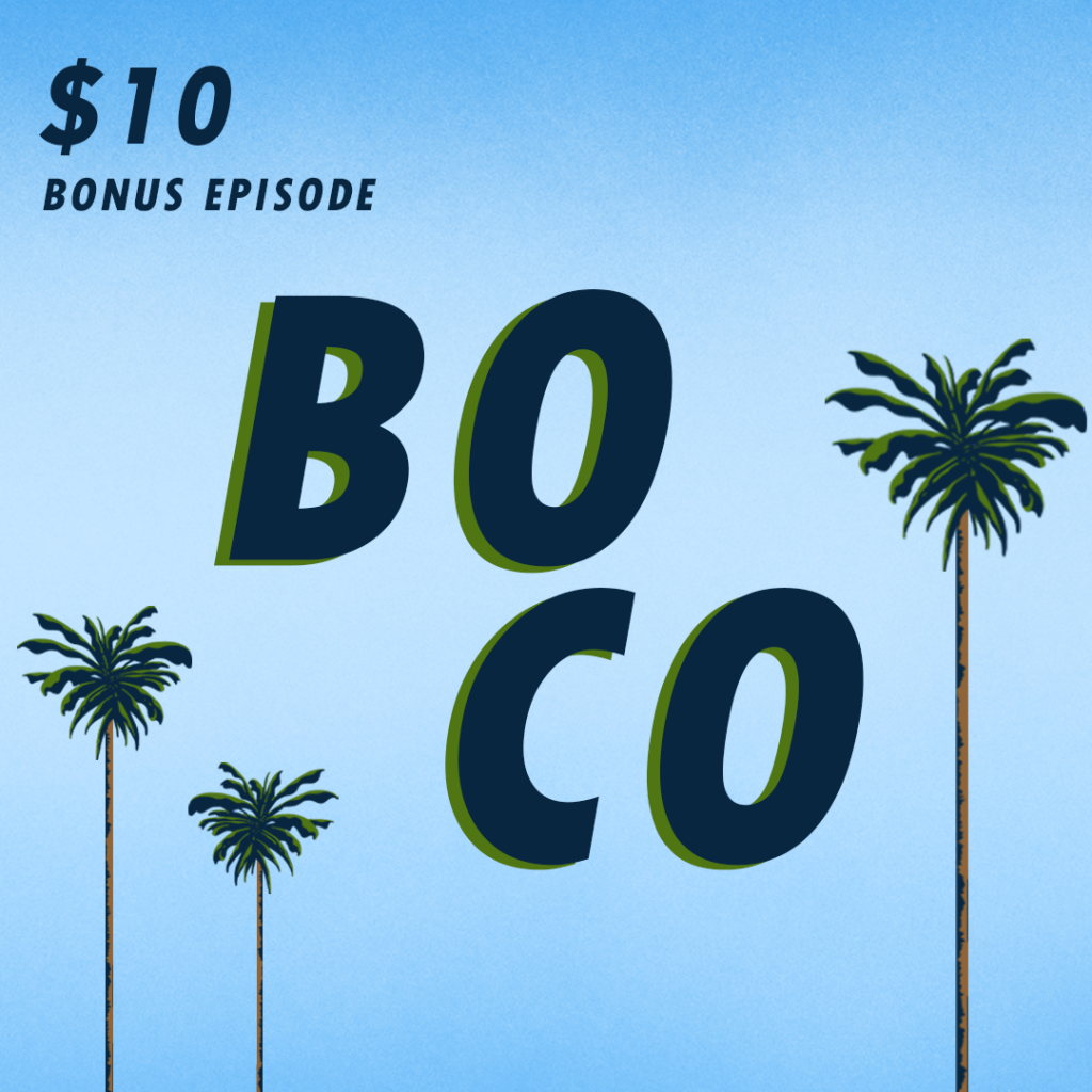 "BoCo" in big block letters, surrounded by a couple of illustrations of palm trees.