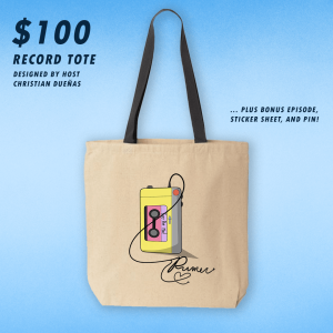 A canvas tote bag with a black handle. The design is a drawing of a yellow Walkman playing a pink cassette tape labeled "city pop mix." The cord of the earbuds spells out the word "Primer" and ends in a heart.