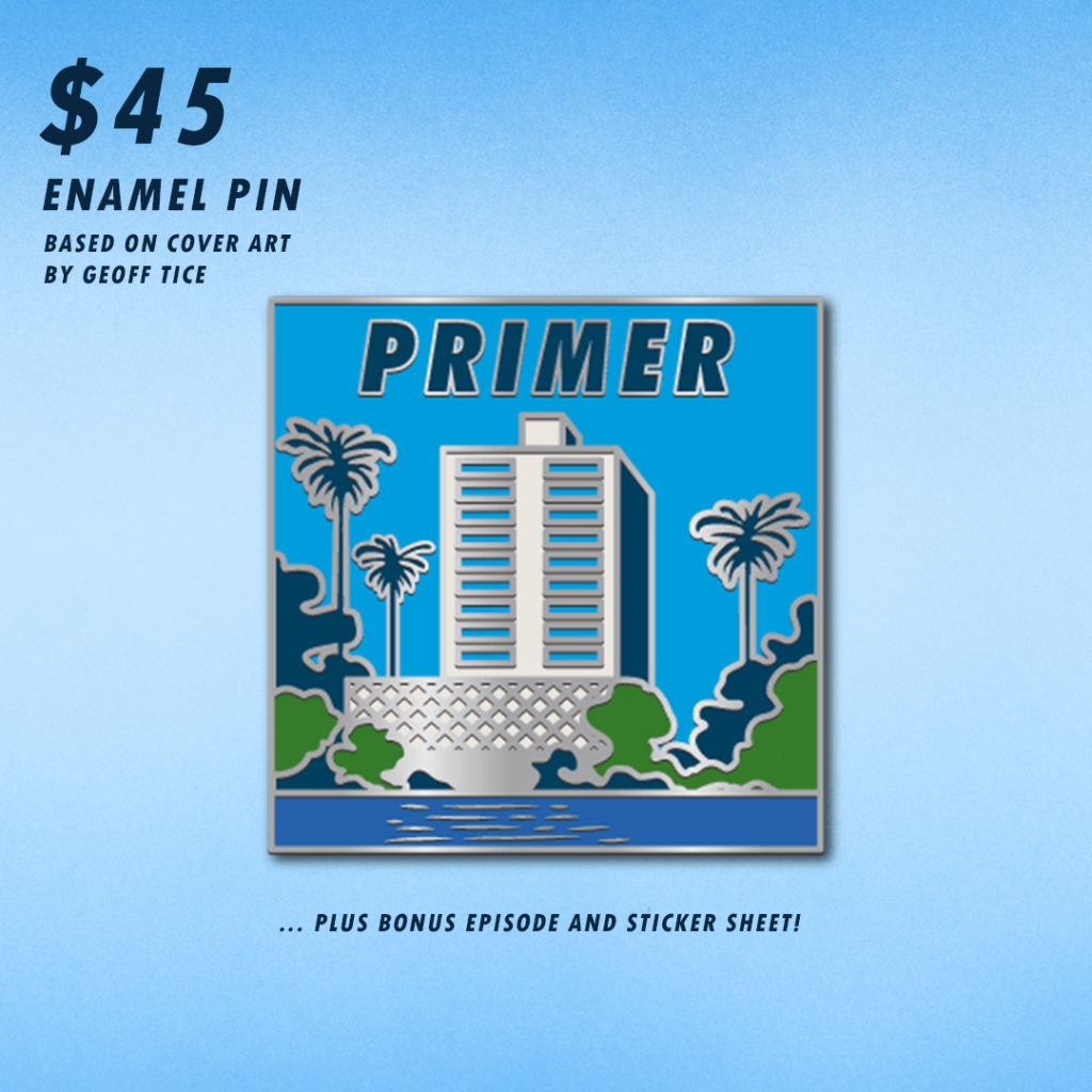 A mockup of an enamel Primer pin based on Geoff Tice's beautiful cover art depicting MaxFun HQ in LA.