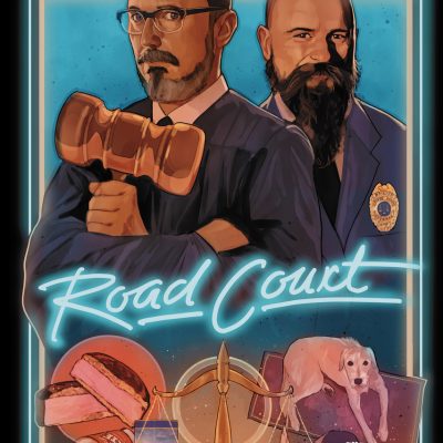 A tour poster that says Judge John Hodgman Road Court on it. Illustrations of John Hodgman, Jesse Thorn, a scale with a gallon tub of scallops on one side, feather on the other, hot dogs, dog, and a weird dad ballcap are also on the poster