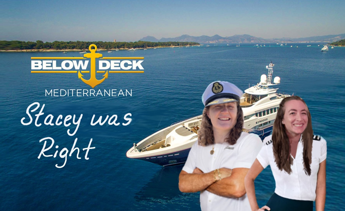 A photoshopped image with a super yacht and two women's faces pasted on Below Deck crew members' bodies. The text says, 