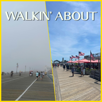 A split image of two different beach boardwalks. On the left is a dreary, foggy day. On the right is a bright sunny day, with waving American flags.