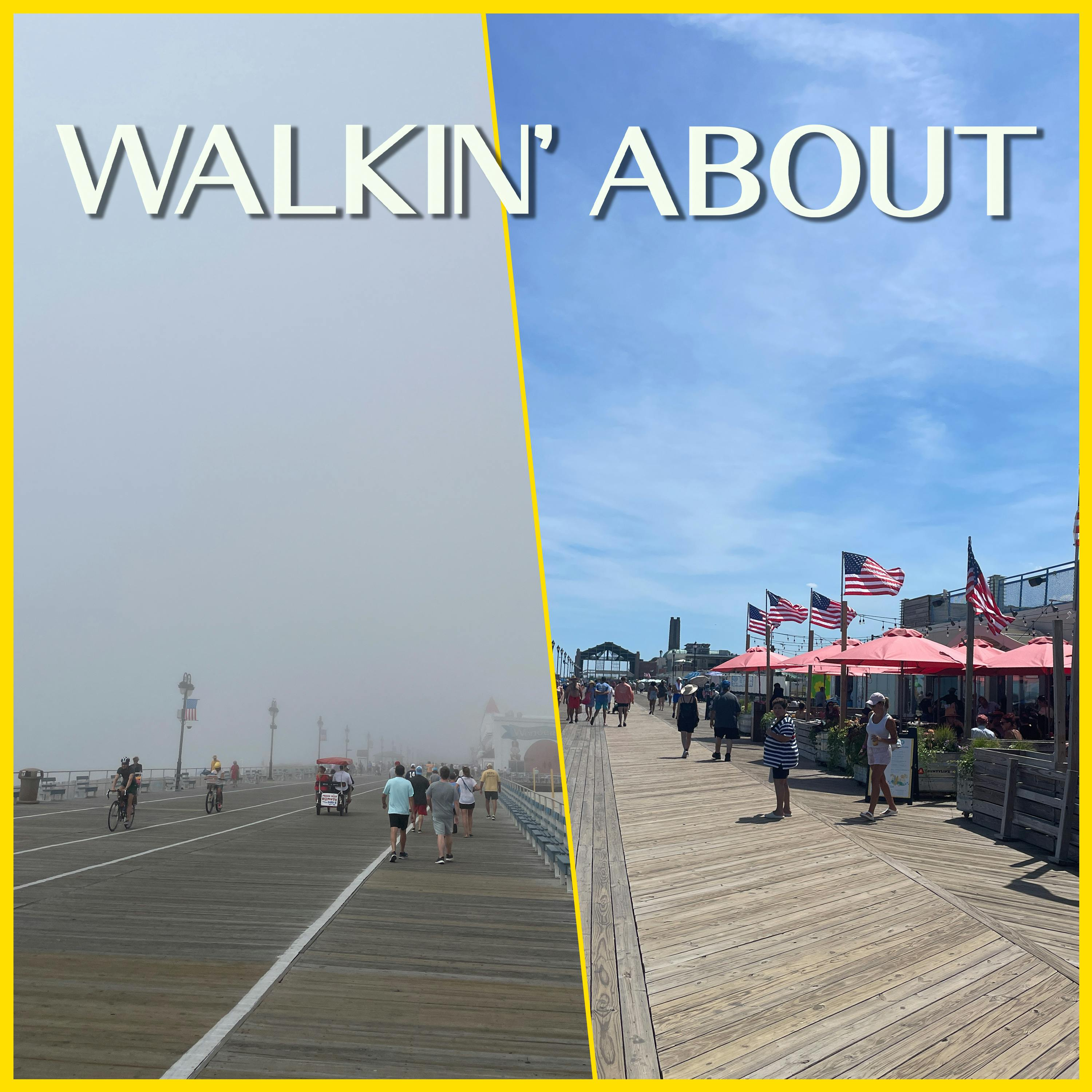 A split image of two different beach boardwalks. On the left is a dreary, foggy day. On the right is a bright sunny day, with waving American flags.