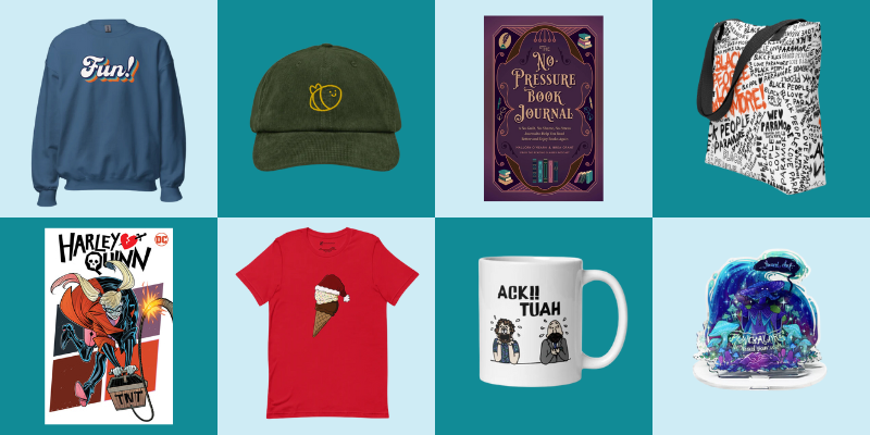 Eight items from the gift guide: a blue sweatshirt with "Fun!" in vintage rainbow text, a green courdory cap with a smiling bee embroidered on the front, "The No-Pressure Book Journal", a Black people Love Paramore tote bag, "Harley Quinn Vol. 1", a red t-shirt with an ice cream cone wearing a santa hat, a mug with Cathy-style drawings of Jordan and Jesse with the text "Ack!! Tuah", and a Fungalore standee