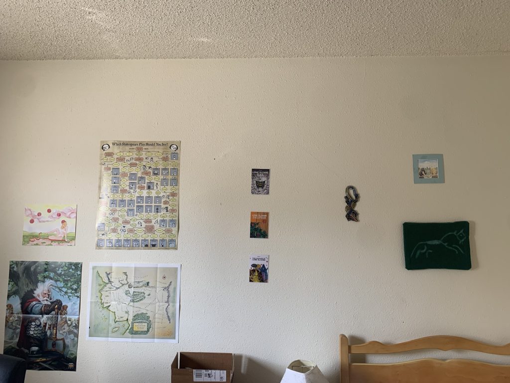 A bedroom wall with posters and a few small art prints on it