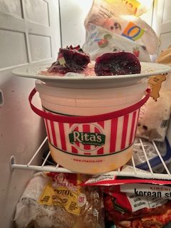 The cranberry sauces on a plate, sitting on top of a Rita's Water Ice tub in a freezer