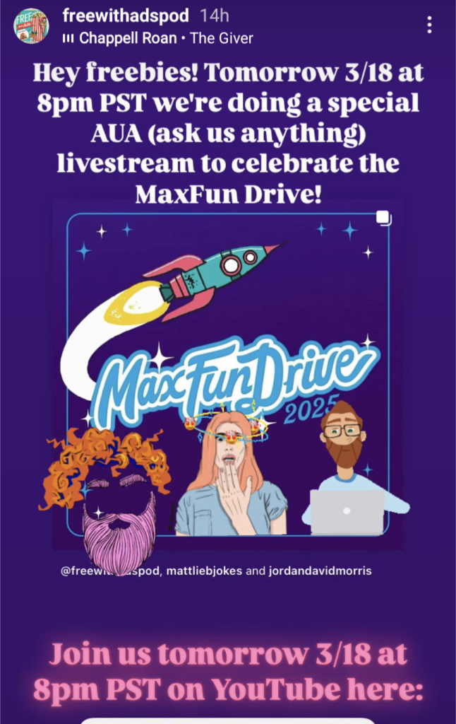 A screenshot of the Free With Ads post that outlines the details of this event