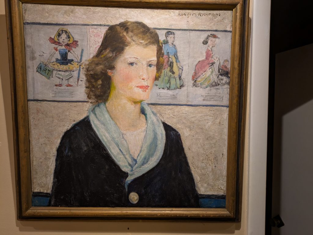 A portrait of a woman with girls in different stages of life behind her in the background