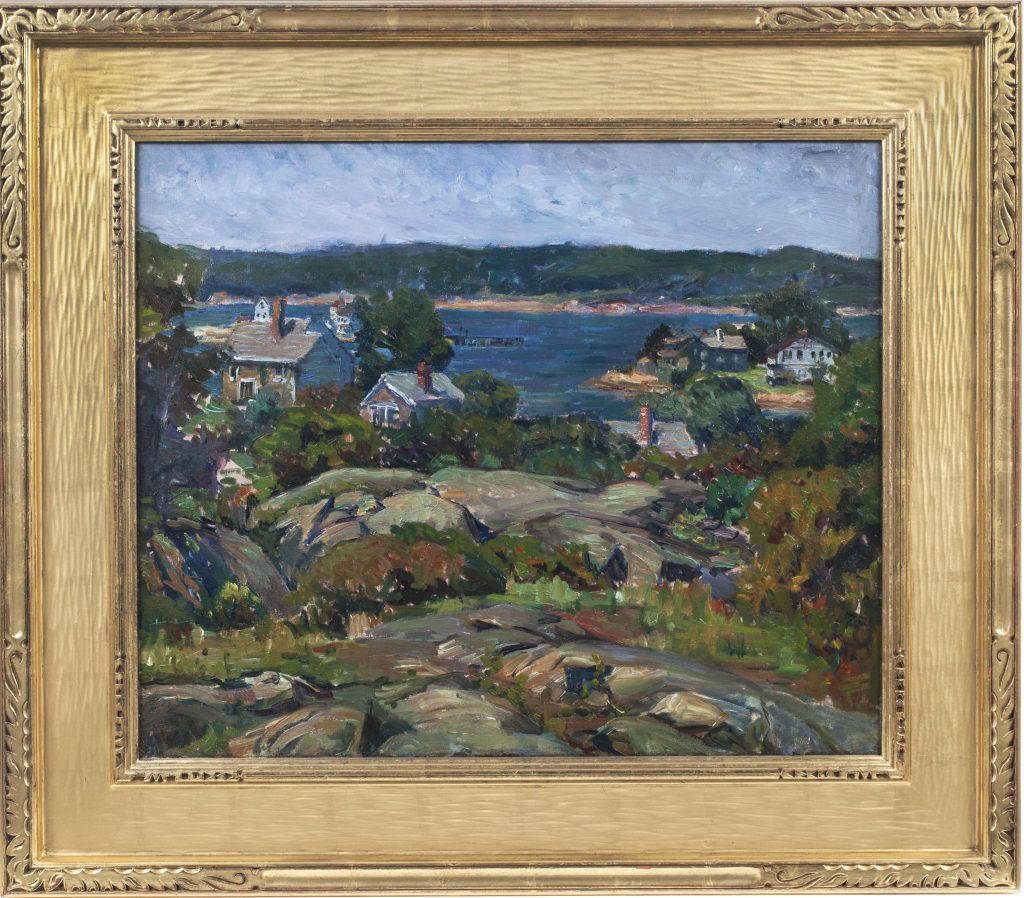 an oil painting showing houses around a lake, with a rock formation in the foreground