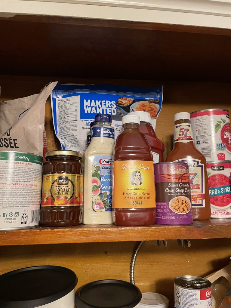 Sauces in a kitchen cabinet