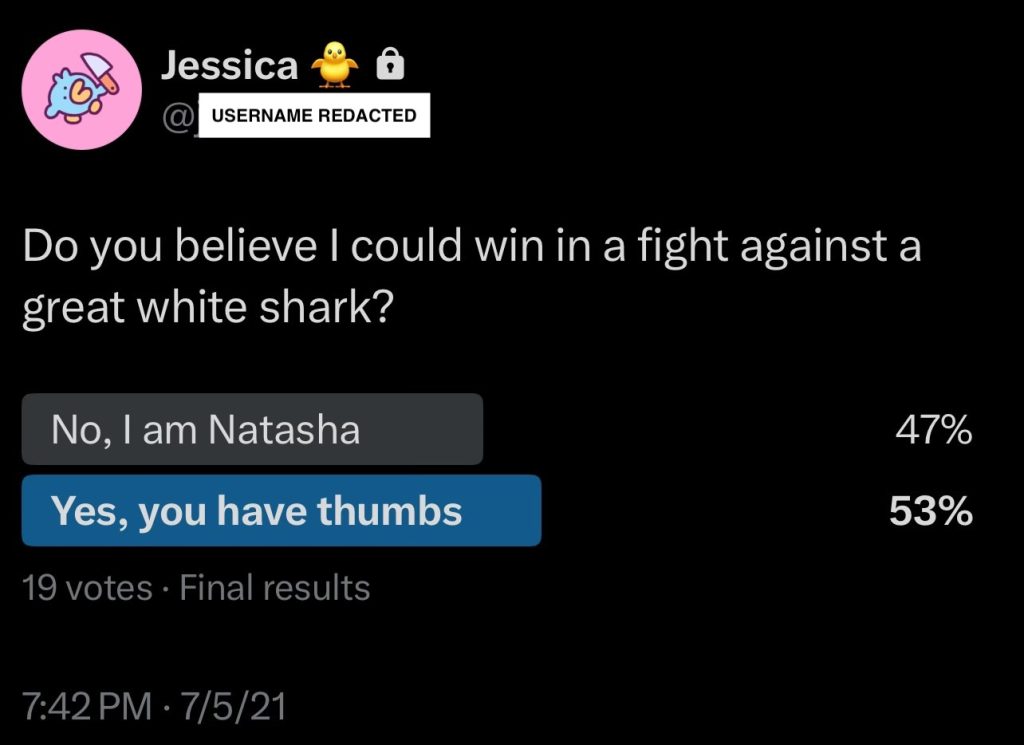 A screenshot of a twitter poll from Jessica that asks, 