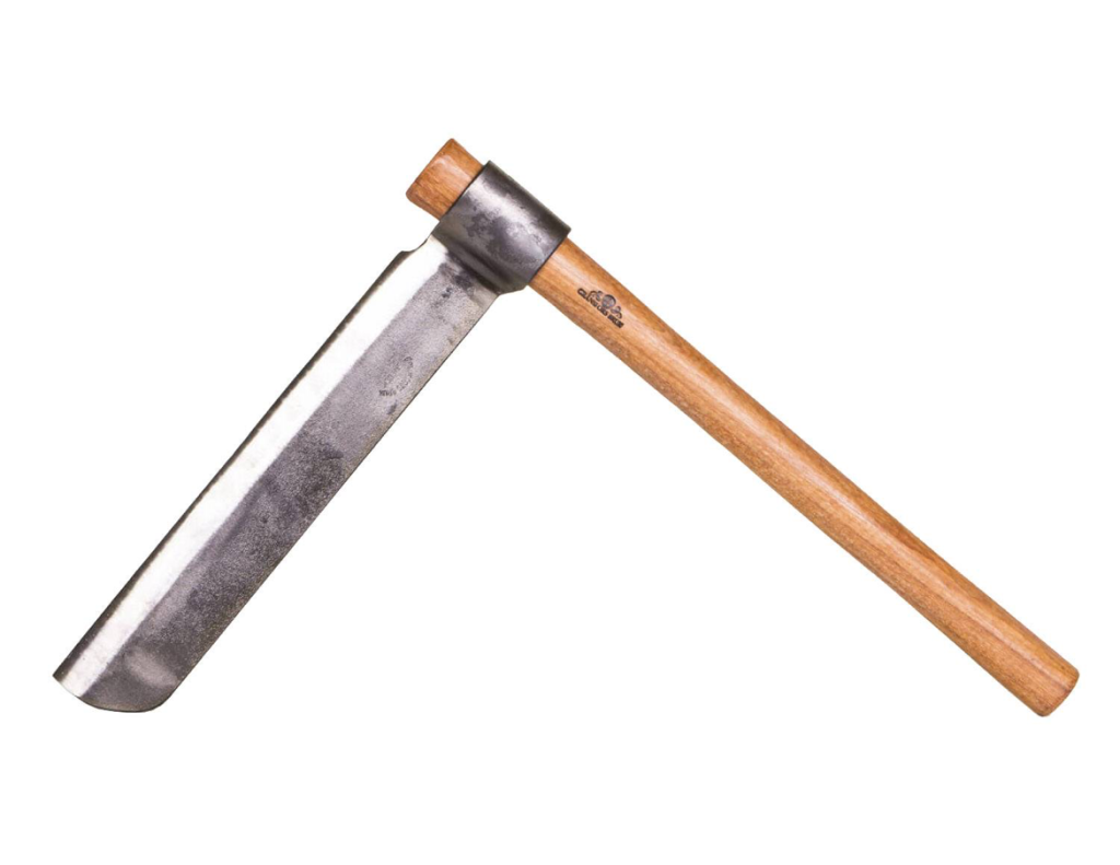 A wood splitting tool with long blade and wooden handle
