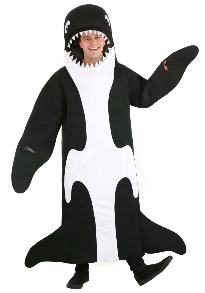 A product image of a person wearing an orca costume