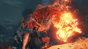 The demon of hatred, a large demonic looking figure surrounded by flames