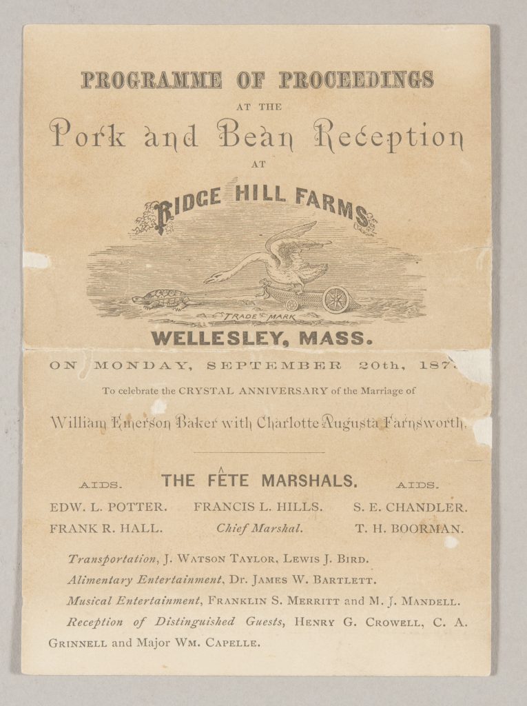 An invitation to a Pork and Beans reception to celebrate a couple's wedding anniversary in the 1870s