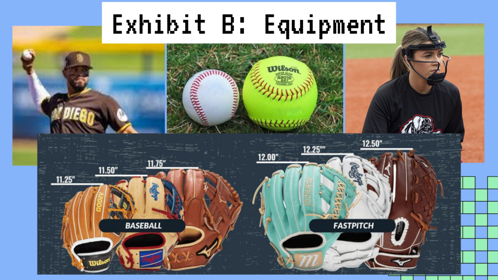 A presentation slide showing the differences between baseball and softball equipment