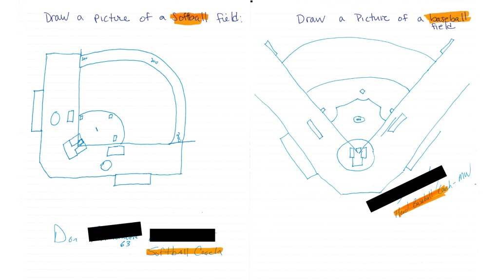 Hand-drawn softball and baseball fields