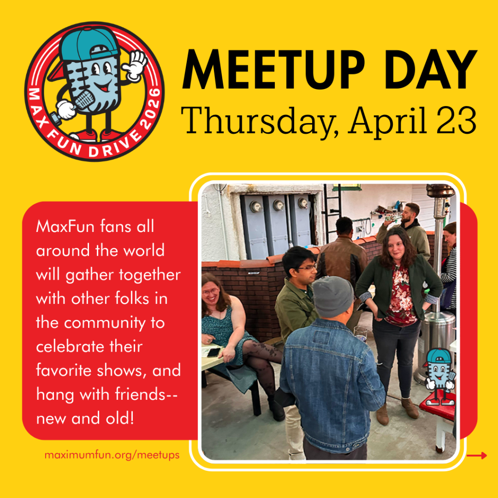 A red and yellow graphic advertising Meetup Day on Thursday, April 23, featuring a photo of folks at a meetup.