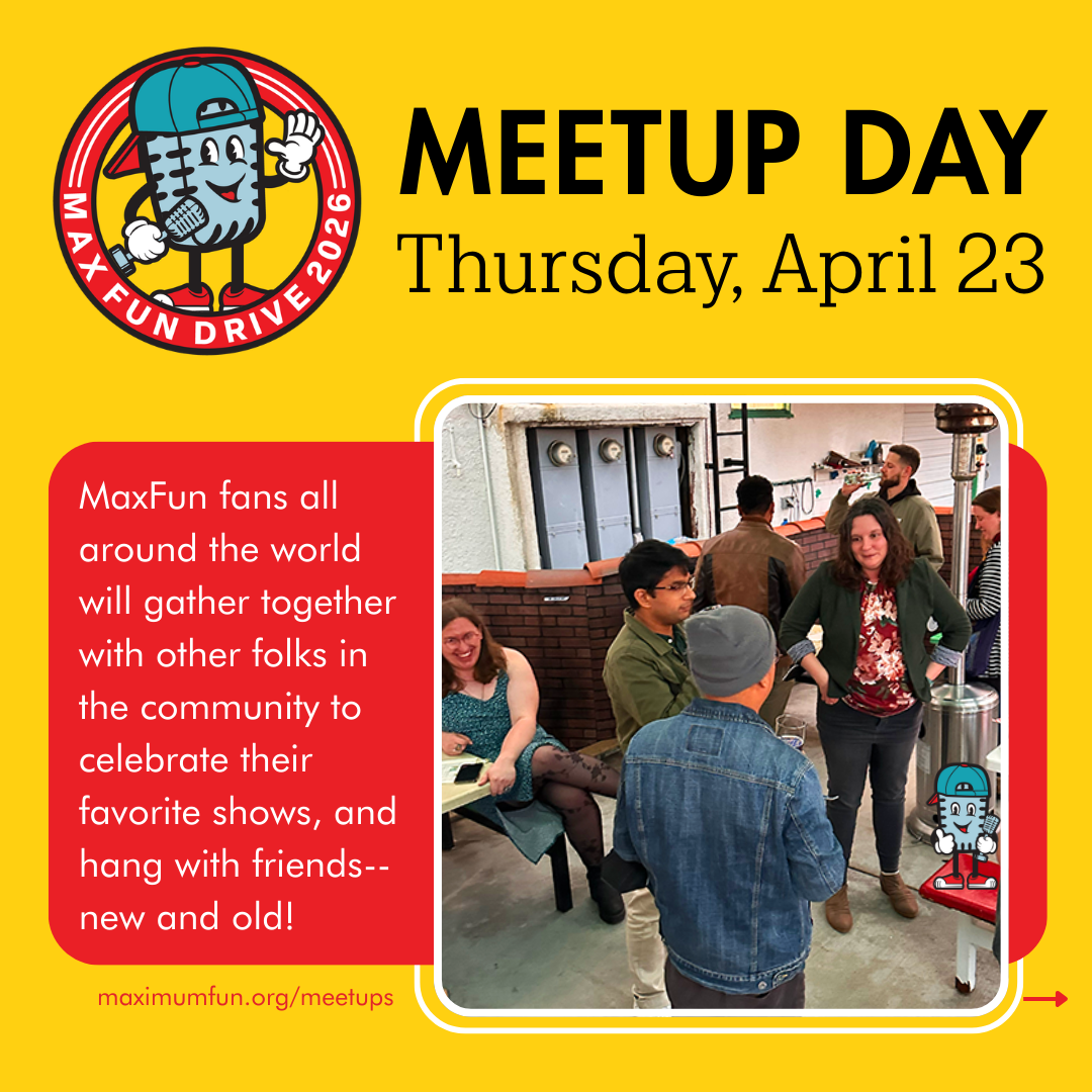A red and yellow graphic advertising Meetup Day on Thursday, April 23, featuring a photo of folks at a meetup.