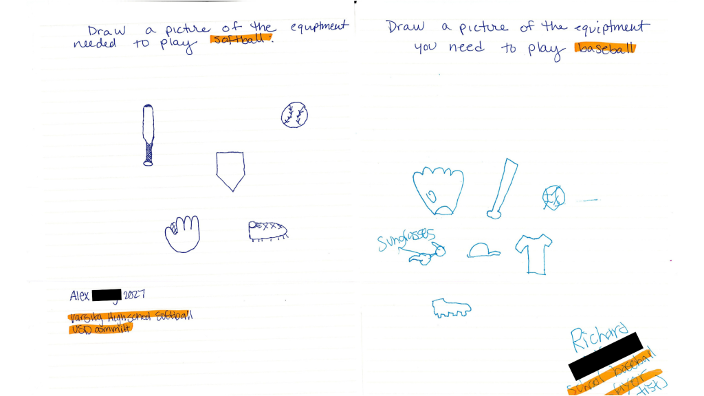 Hand-drawn softball and baseball equipment