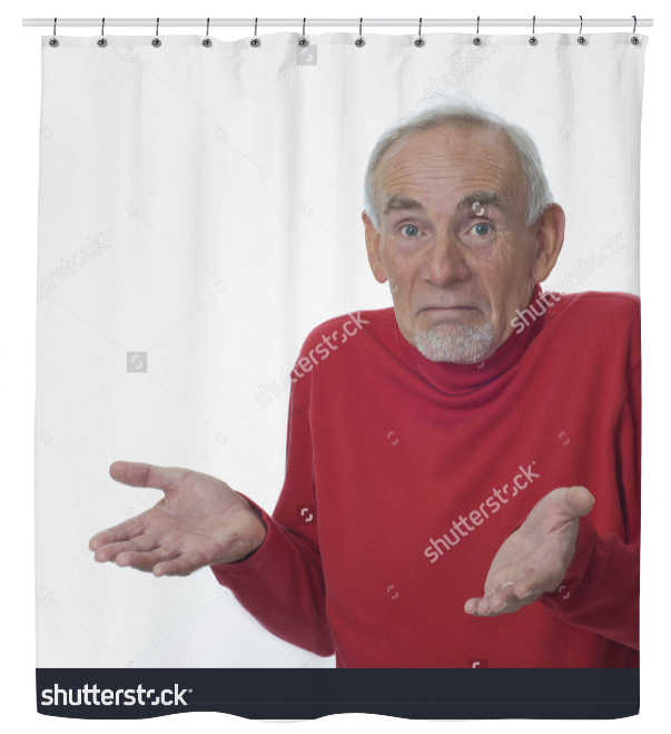 A mockup of a shower curtain that has on it a stock image of an older man in a red long sleeved shirt shrugging