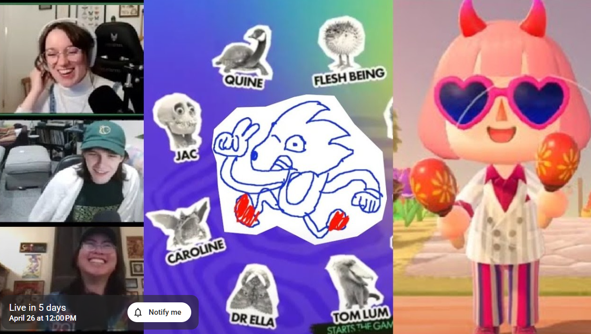 A screenshot of Tom, Ella, and Caroline playing Jackbox games