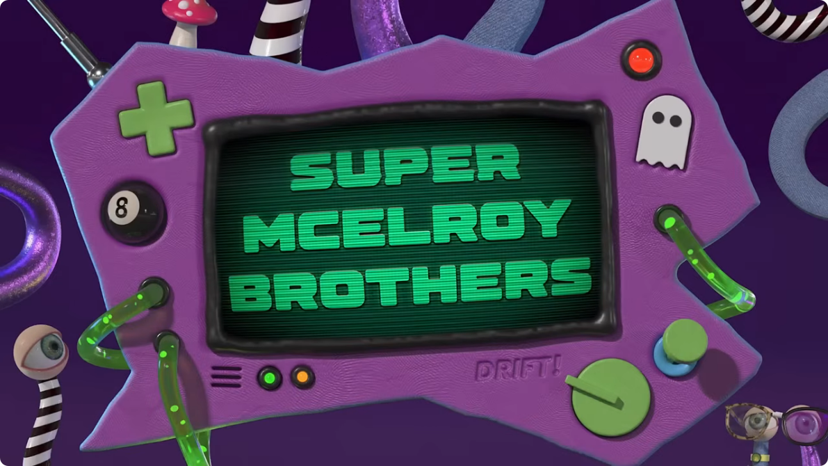 A simulated handheld video game screen reads SUPER MCELROY BROTHERS in computery green text