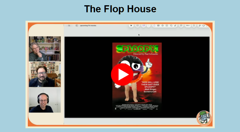 A screenshot of Dan, Elliot, Stu on the left and a video cover for something called Sploopy in the center