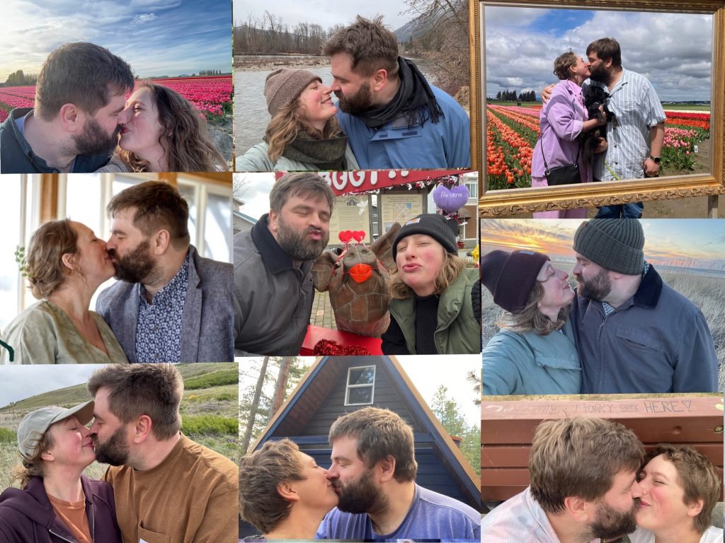 A photo collage of a couple kissing in various places