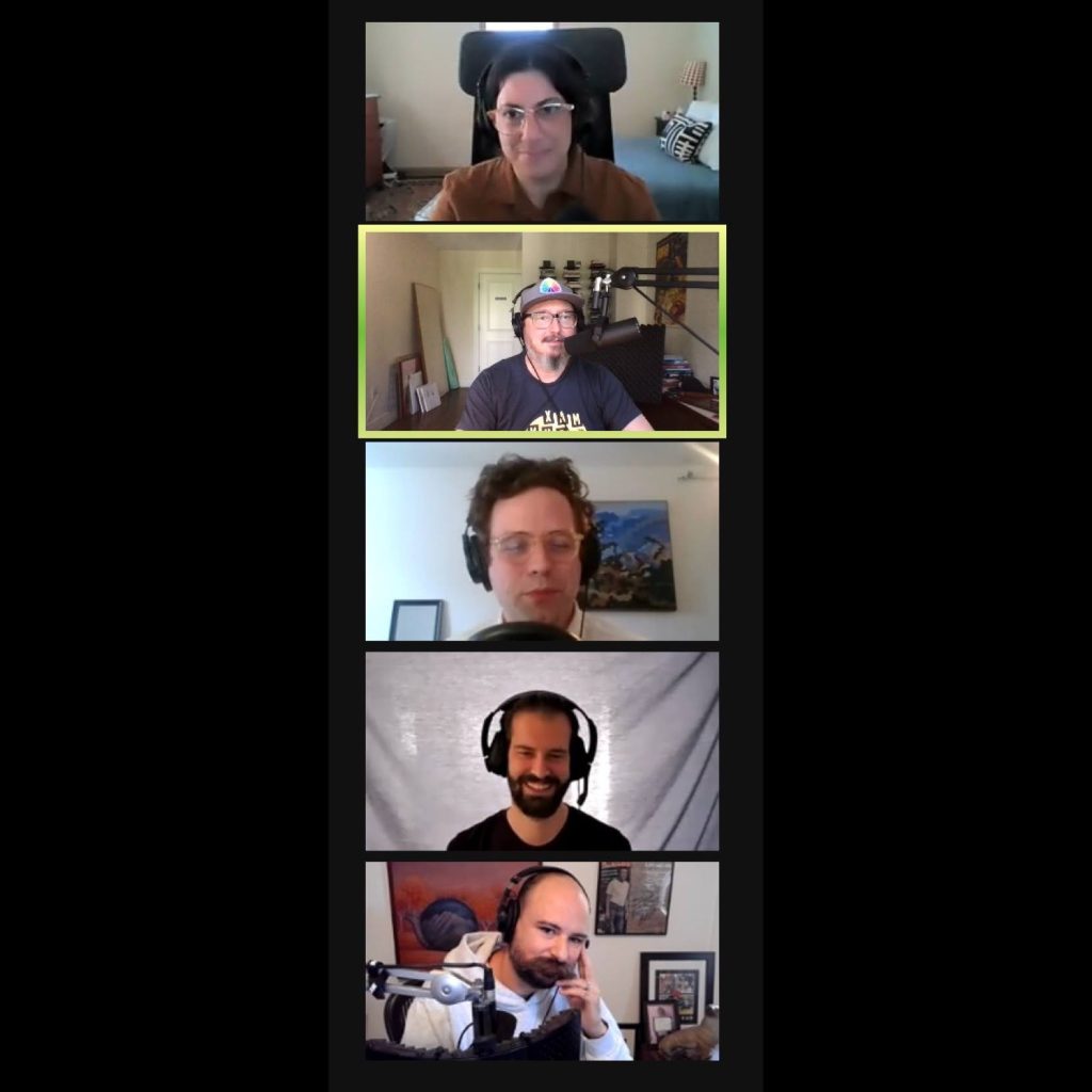 a video conference session with all 5 on-camera participants displayed in one column