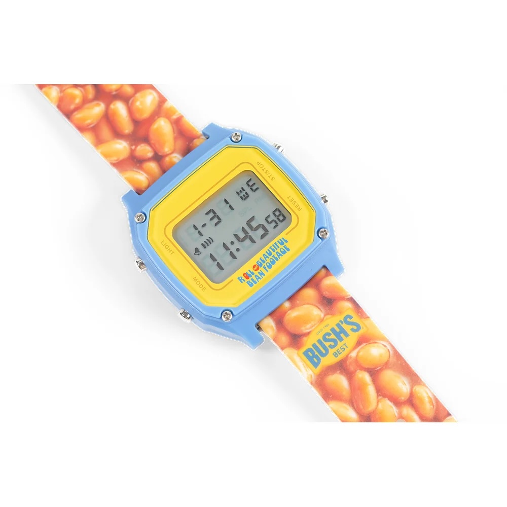 A digital watch with images of beans on the straps