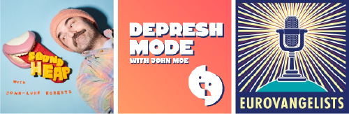 A graphic with three show logos arranged in a row - Sound Heap, Depresh Mode, and Eurovangelists