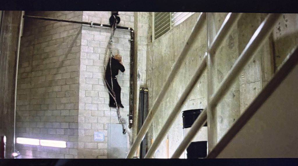 A scene from DIE HARD where Karl is hanging from a chain attached to the ceiling