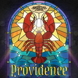 The new logo for The Adventure Zone: Providence. Light through a stained glass window made to look like a haloed lobster rising from the sea.