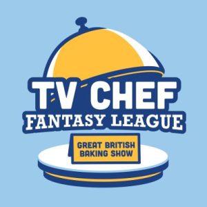 The logo for TV Chef Fantasy League: a stylized cloche lifted to expose a "Great British Baking Show" name placard sitting on the plate.