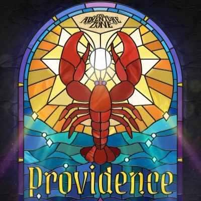 The cover art for TAZ: Providence. An arched, stained glass window featuring a lobster rising above the sea, with the sun in the background. A dark stone wall surrounds the window, and The Adventure Zone logo sits between the lobster's claws